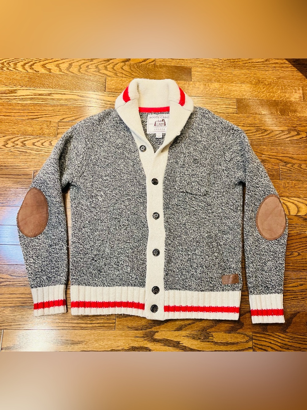 Roots Shawl Collar Button Cardigan Sweater - Gray, Cream & Red